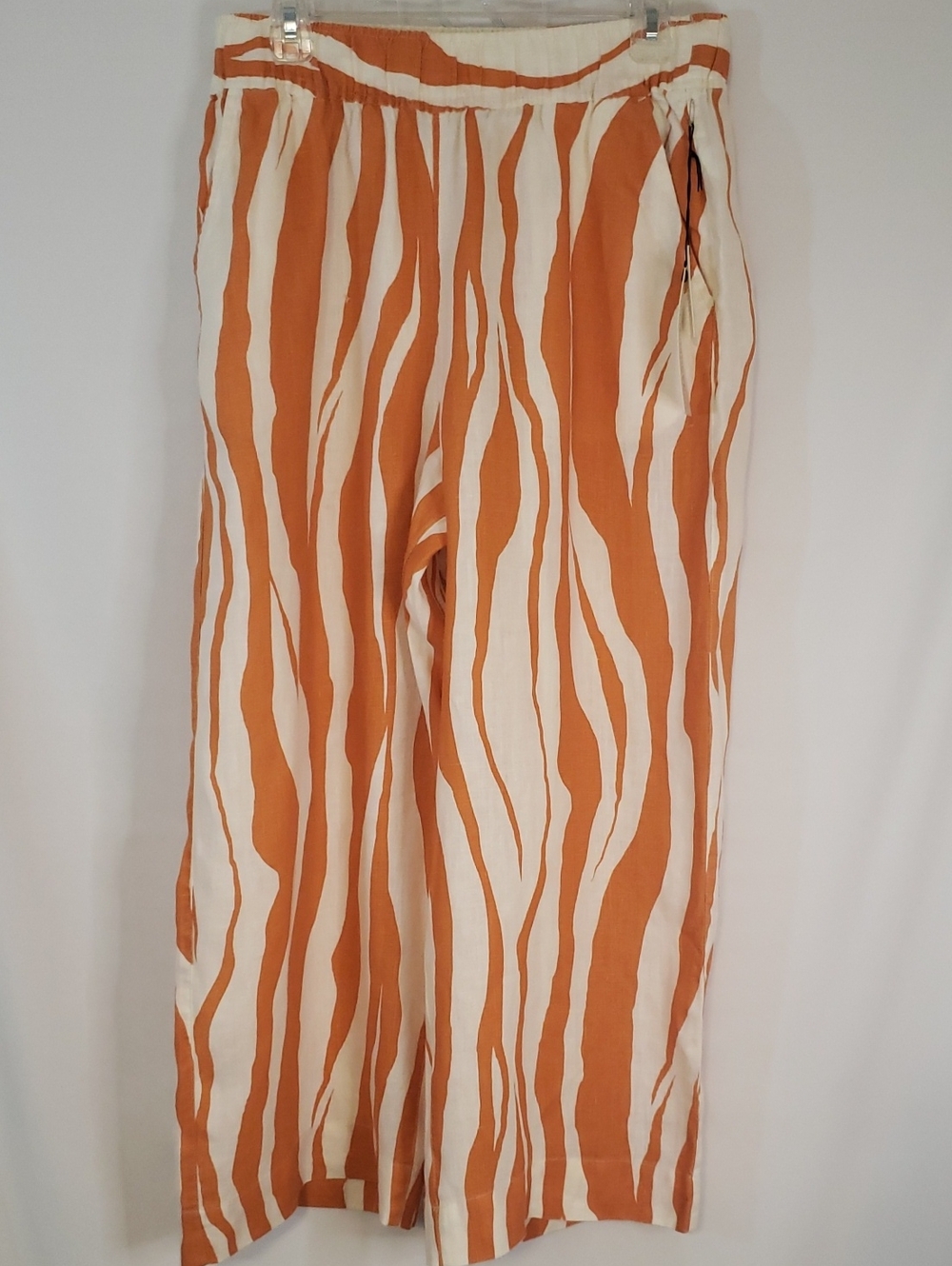 Rachel Zoe Linen Rusty-Orange & Cream Zebra-Stripe Wide-Leg Pants, Large